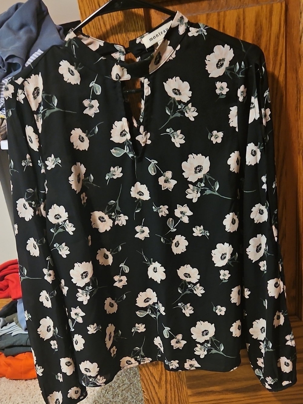 Monteau Black Floral Keyhole Blouse with Cream Blooms